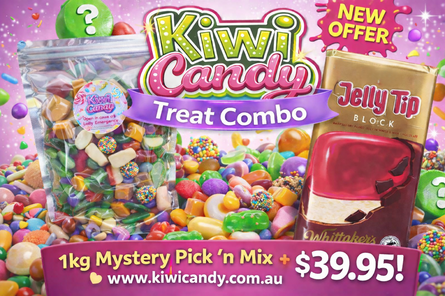 Kiwi Candy Treat Combo - 1kg Mystery Pick 'N Mix + 250g Whittakers Jellytip Chocolate!
