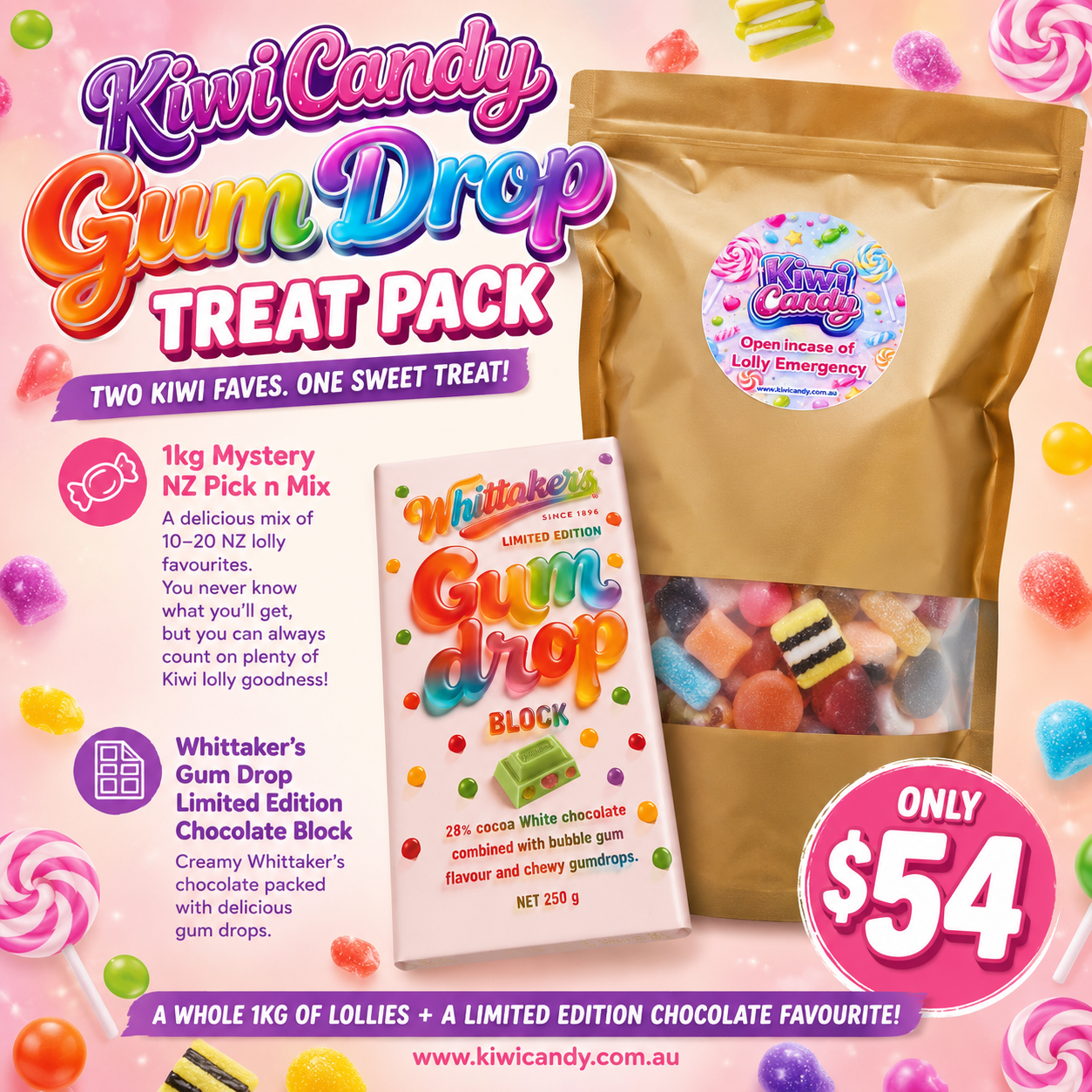 Kiwi Candy Gum Drop Treat Pack - 1KG Mystery Pick n Mix & Limited Edition Whittaker's Gum Drop 250g