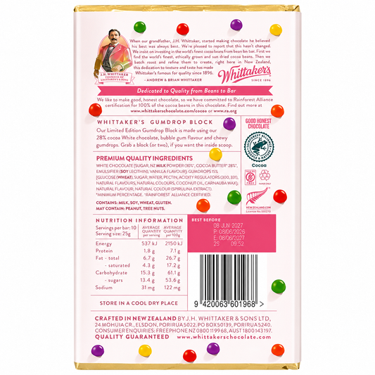 Whittaker's Limited Edition Gum Drop Chocolate Block 250g